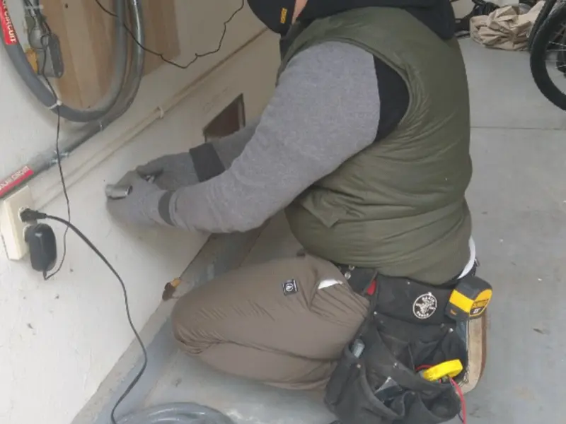 Electrician performing outlet wiring in a Green Hill garage
